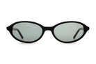 Black oval sunglasses with gray-tinted lenses and matte finish frame on white background