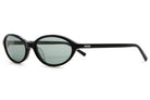 Black oval sunglasses with dark green lenses and silver stud detail on temples, shown from side angle