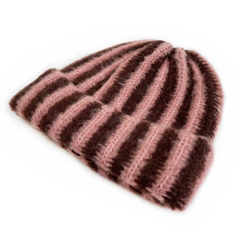 Pink and brown striped ribbed knit beanie hat with soft fuzzy texture, folded cuff, winter style.
