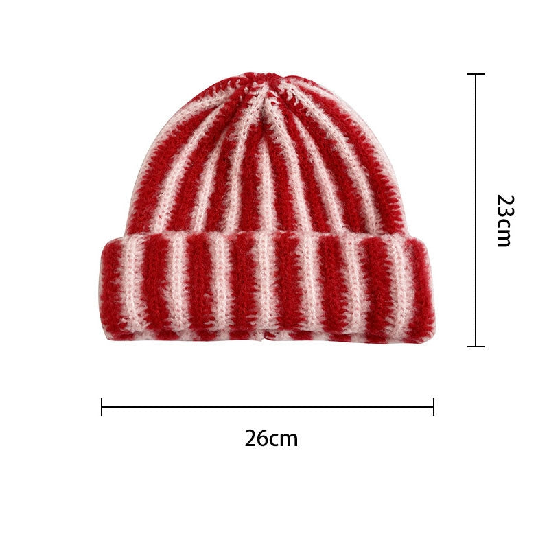 Red and white striped ribbed knit beanie hat with folded cuff, 26cm wide by 23cm tall