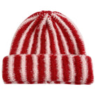 Red and white striped ribbed knit beanie hat with folded cuff, soft fuzzy wool blend, candy cane pattern