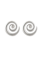 Silver spiral stud earrings with circular coiled design in polished metal finish