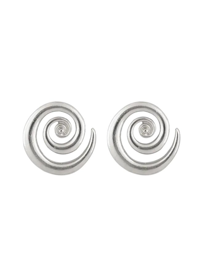 Silver spiral stud earrings with circular coiled design in polished metal finish