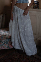 Light blue floral maxi skirt with eyelet lace trim and elastic waistband in cotton fabric