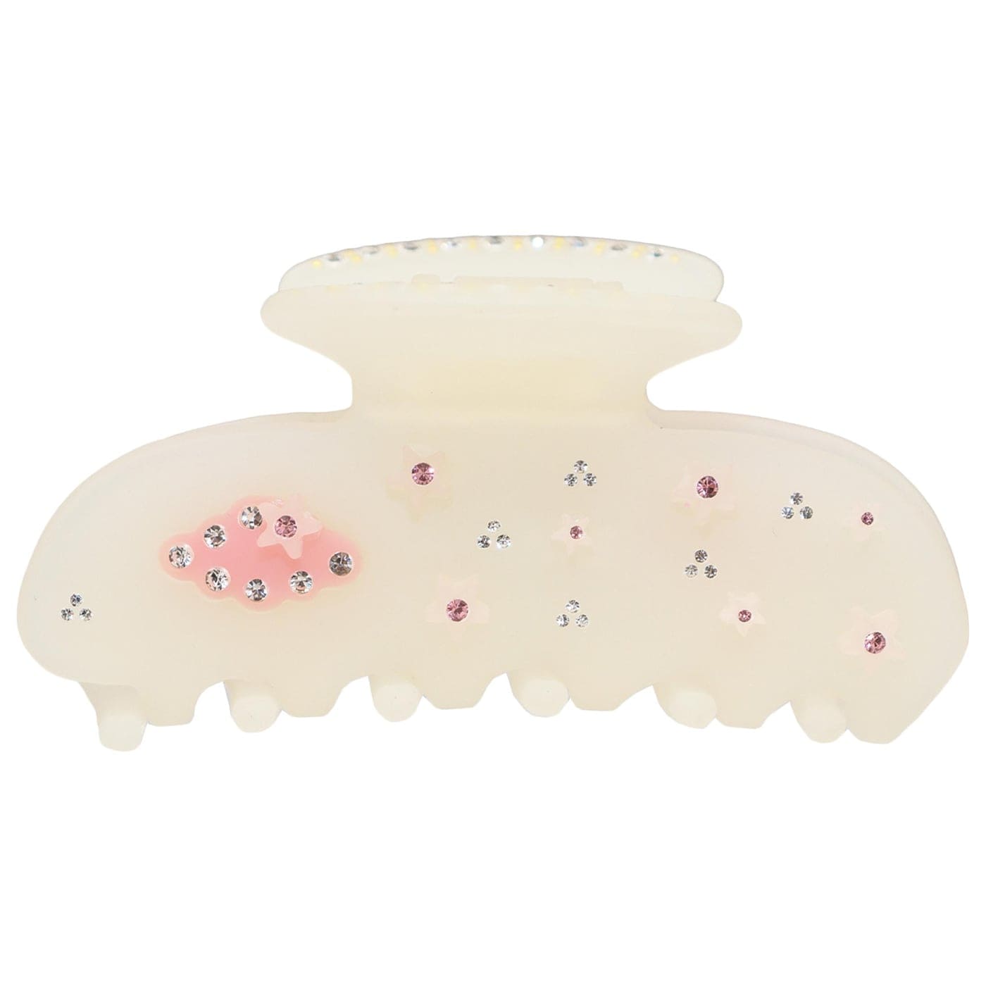 Cream-colored hair claw clip with pink and clear rhinestone embellishments scattered across the surface
