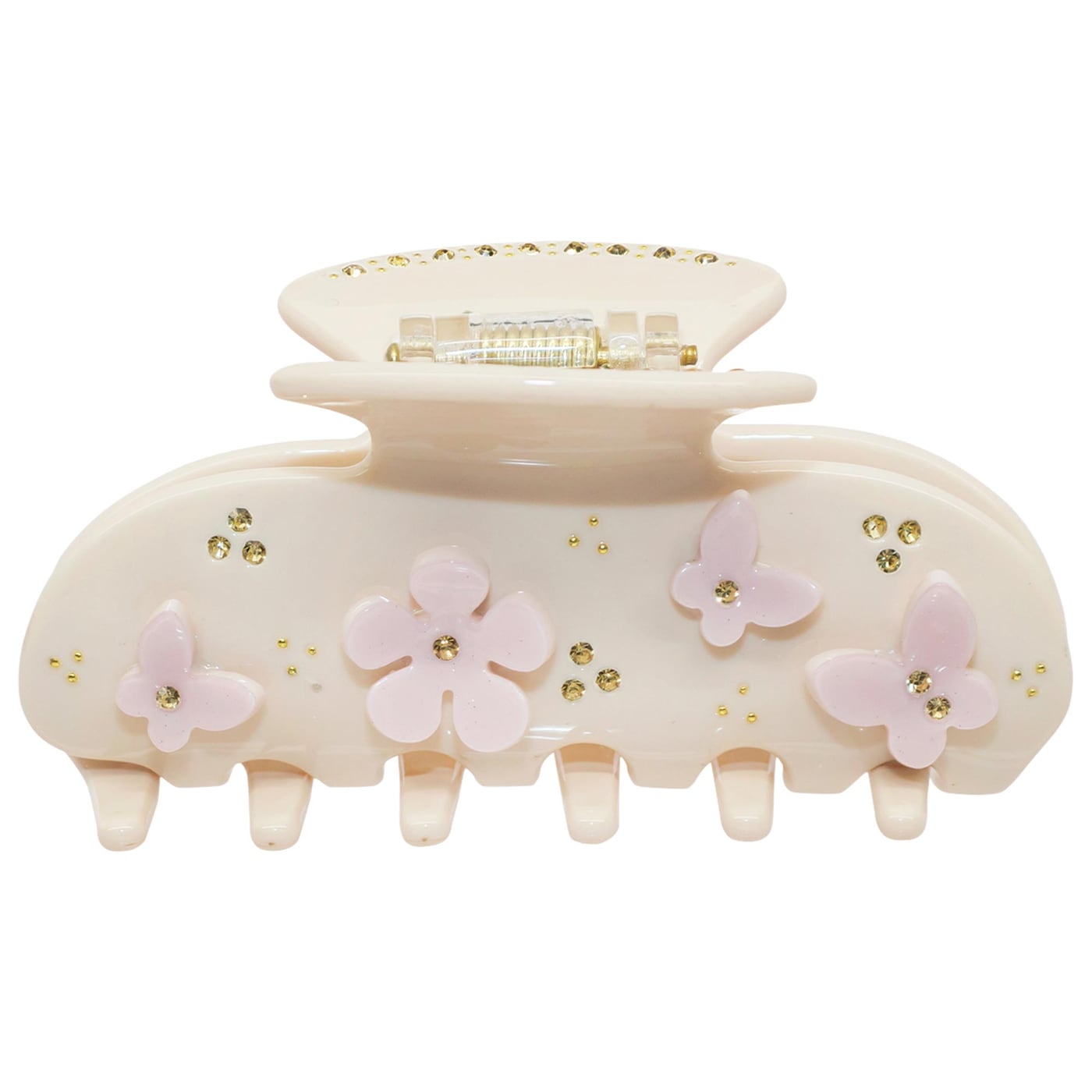 Beige hair claw clip with pink flower embellishments and gold rhinestone accents on a white background