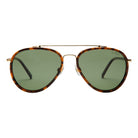 Aviator sunglasses with tortoiseshell frame and green lenses on a white background