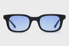 Black frame sunglasses with blue-tinted lenses and thick rectangular temples in a wayfarer style