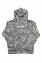 Gray tie-dye hoodie with a brand logo on a white background