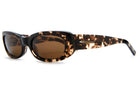 Tortoiseshell pattern sunglasses with brown lenses and decorative feather detail on temple arms