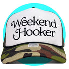 Weekend Hooker trucker hat with white foam front panel, camouflage bill, and black mesh back with turquoise top panel