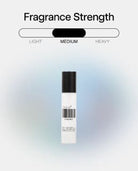 White fragrance spray bottle with black cap and barcode label, medium strength intensity indicator above