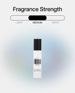 White fragrance spray bottle with black cap and barcode label, medium strength intensity indicator above